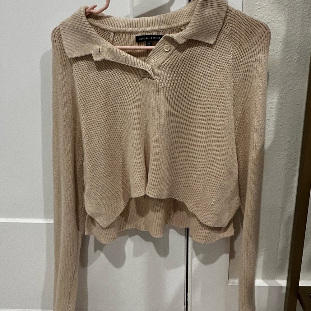 Kendall & Kylie Beige Knit Collared Sweater
